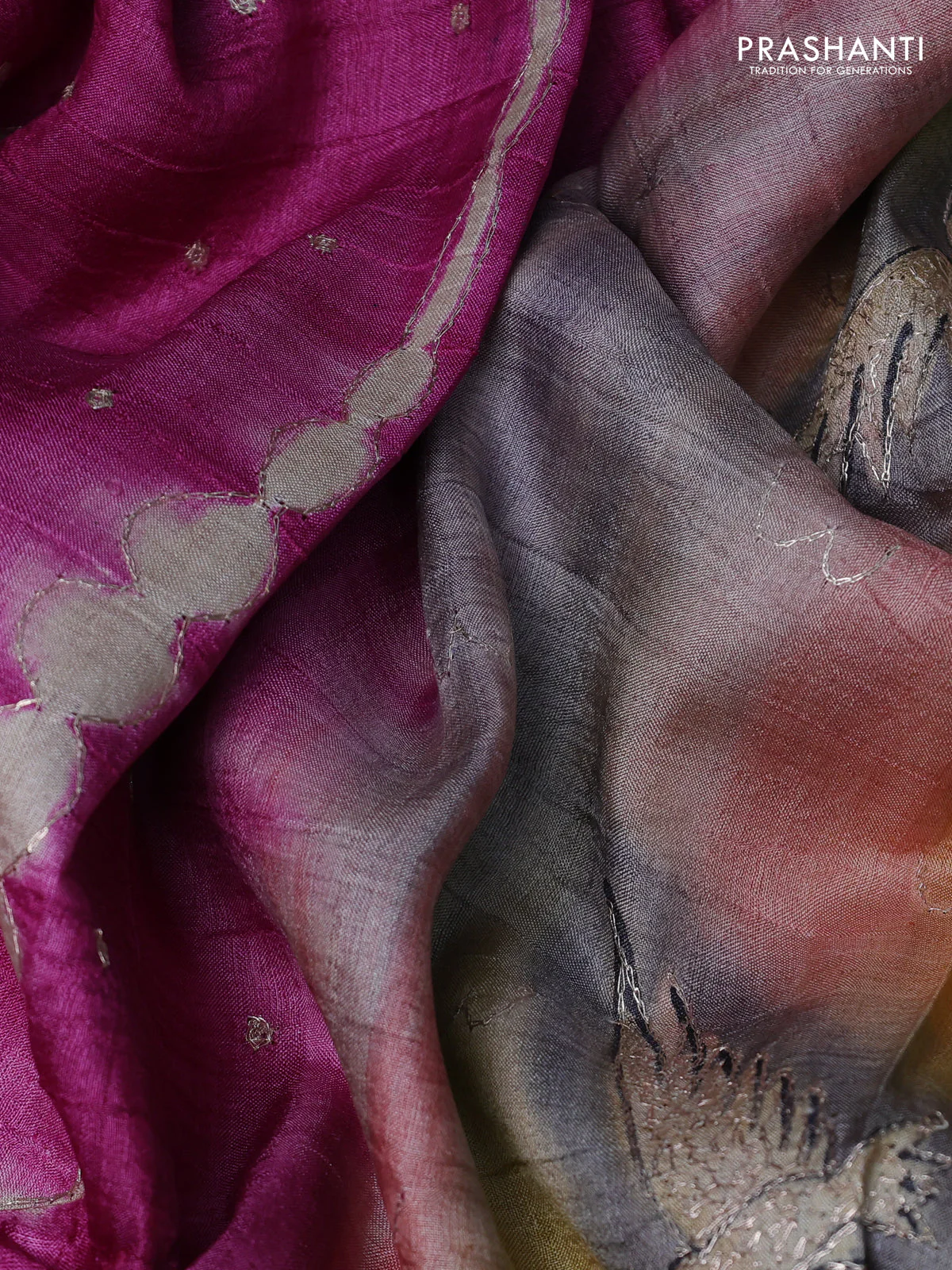 Pure tussar silk saree pink and grey shade with tie & dye prints and pita work pallu - Image 3