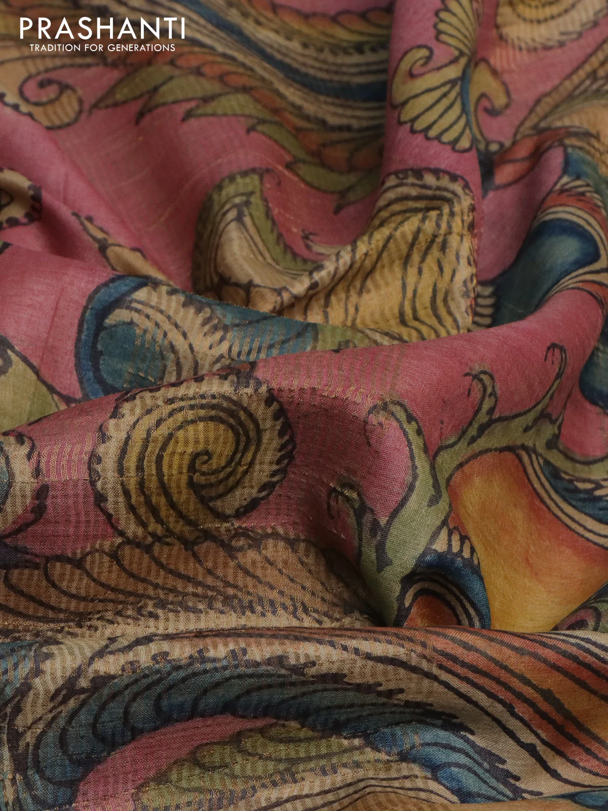 Pure tussar silk saree pink and grey with allover pen kalamkari prints and zari woven border - Image 2
