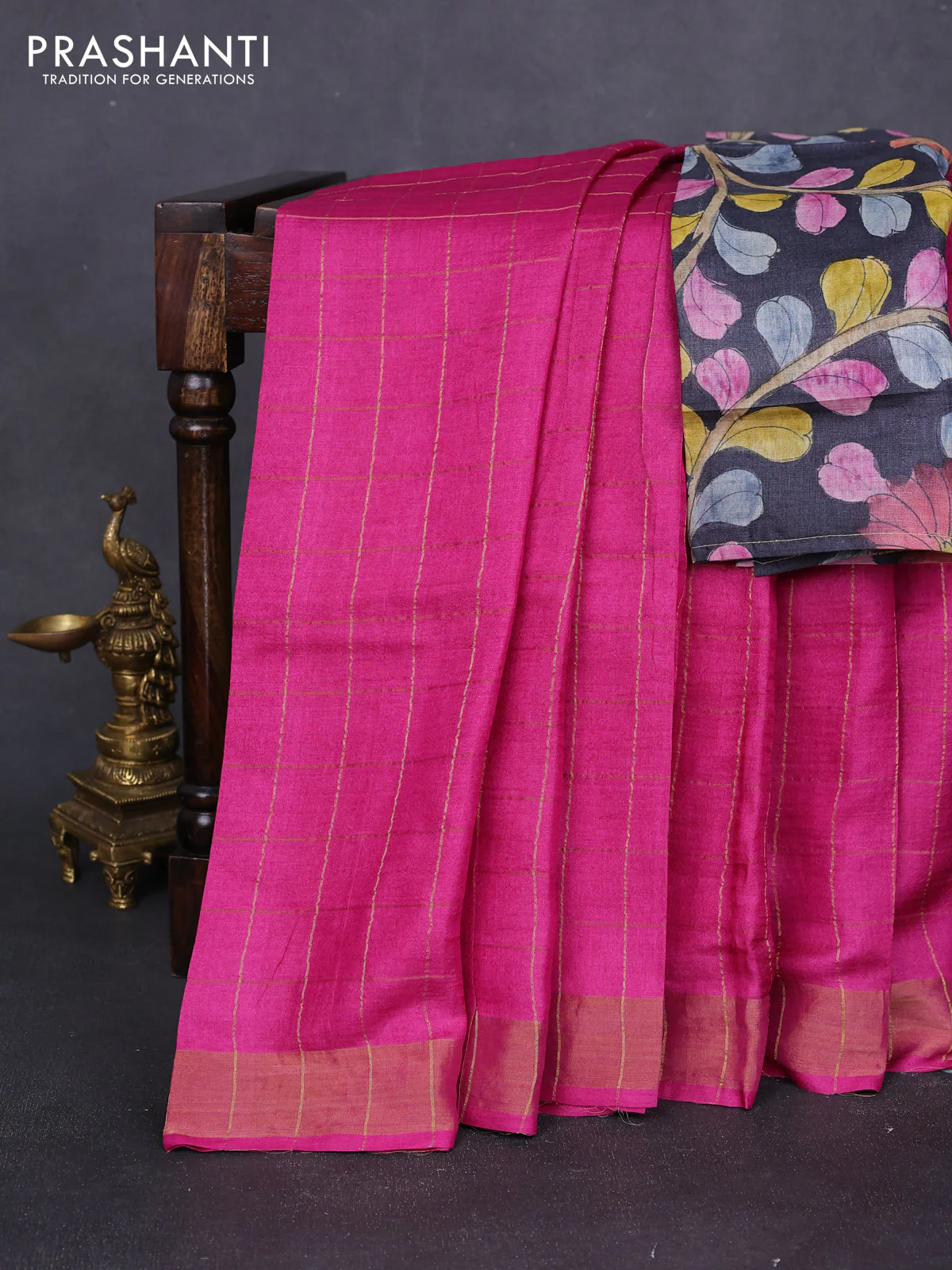 Pure tussar silk saree pink and grey with allover zari checked pattern and zari woven border