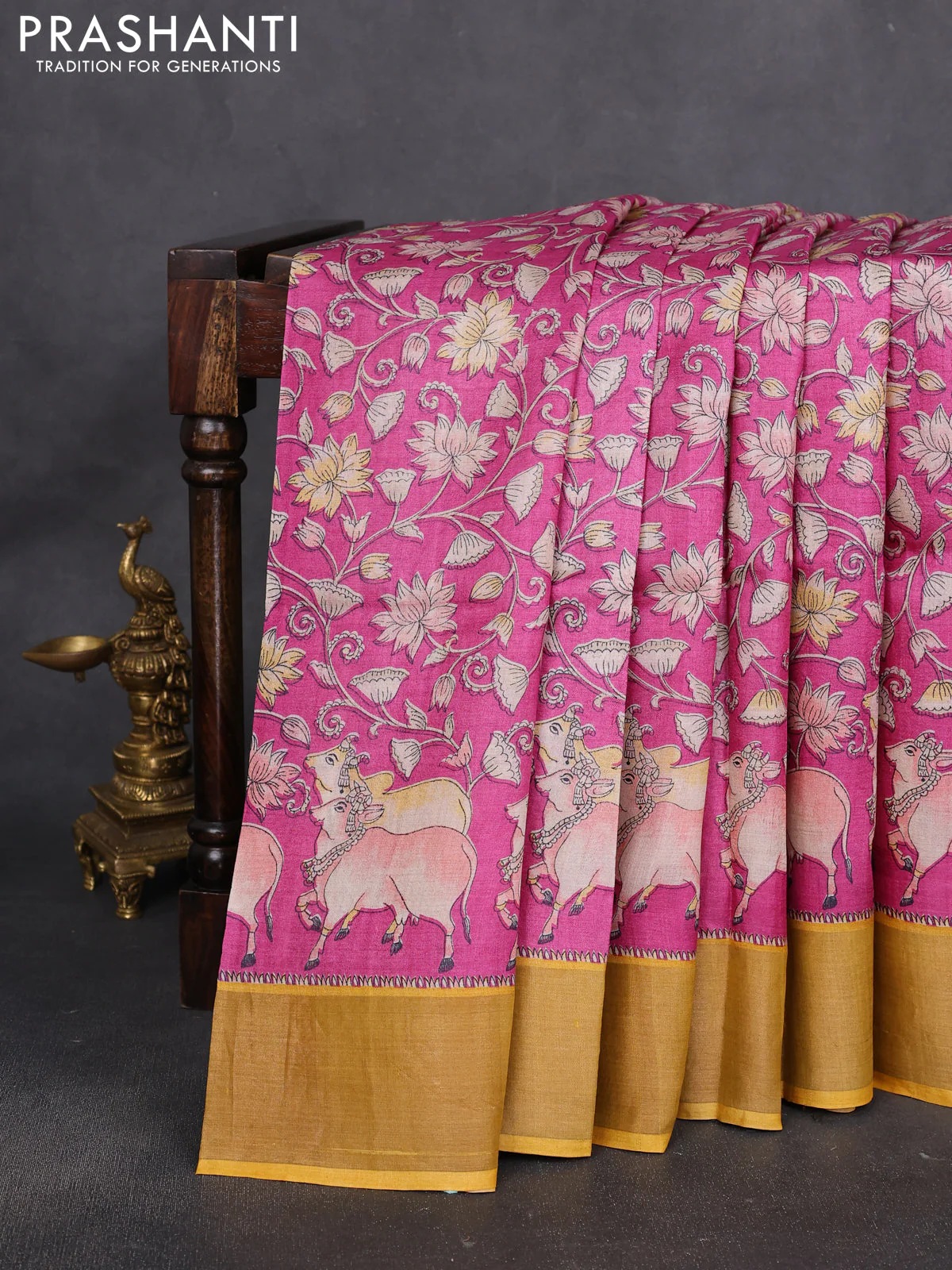 Pure tussar silk saree pink and mustard yellow with pichwai prints and zari woven border