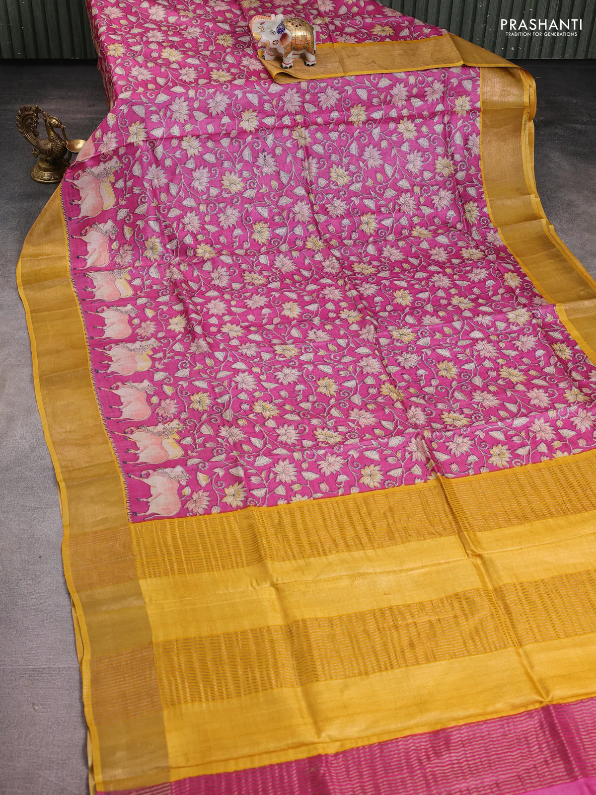 Pure tussar silk saree pink and mustard yellow with pichwai prints and zari woven border - Image 2
