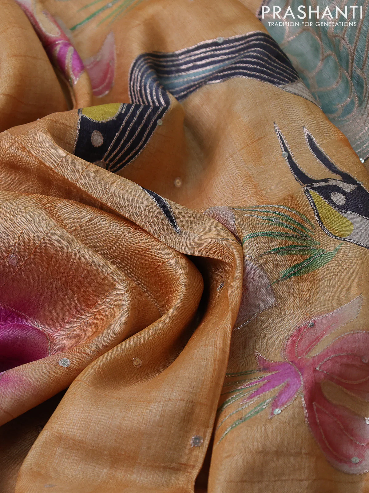 Pure tussar silk saree pink and pale orange with tie & dye prints & pita work and embroidery pallu - Image 3