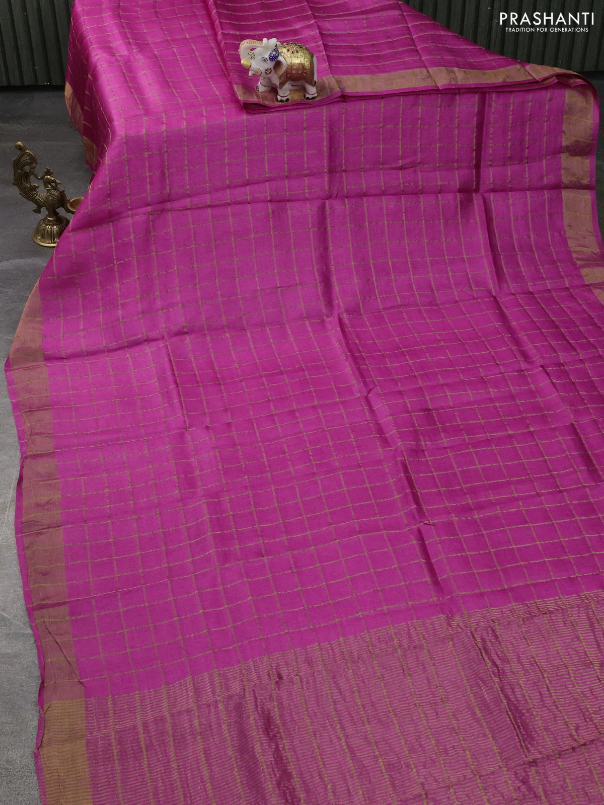 Pure Tussar Silk Saree pink and pastel green with allover zari checked pattern and zari woven border - Image 2