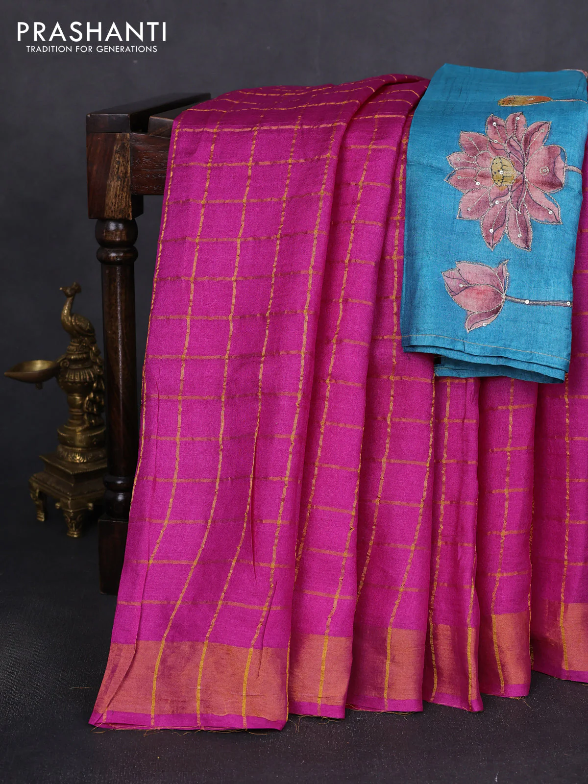 Pure tussar silk saree pink and teal blue with allover zari woven checked pattern and zari woven border