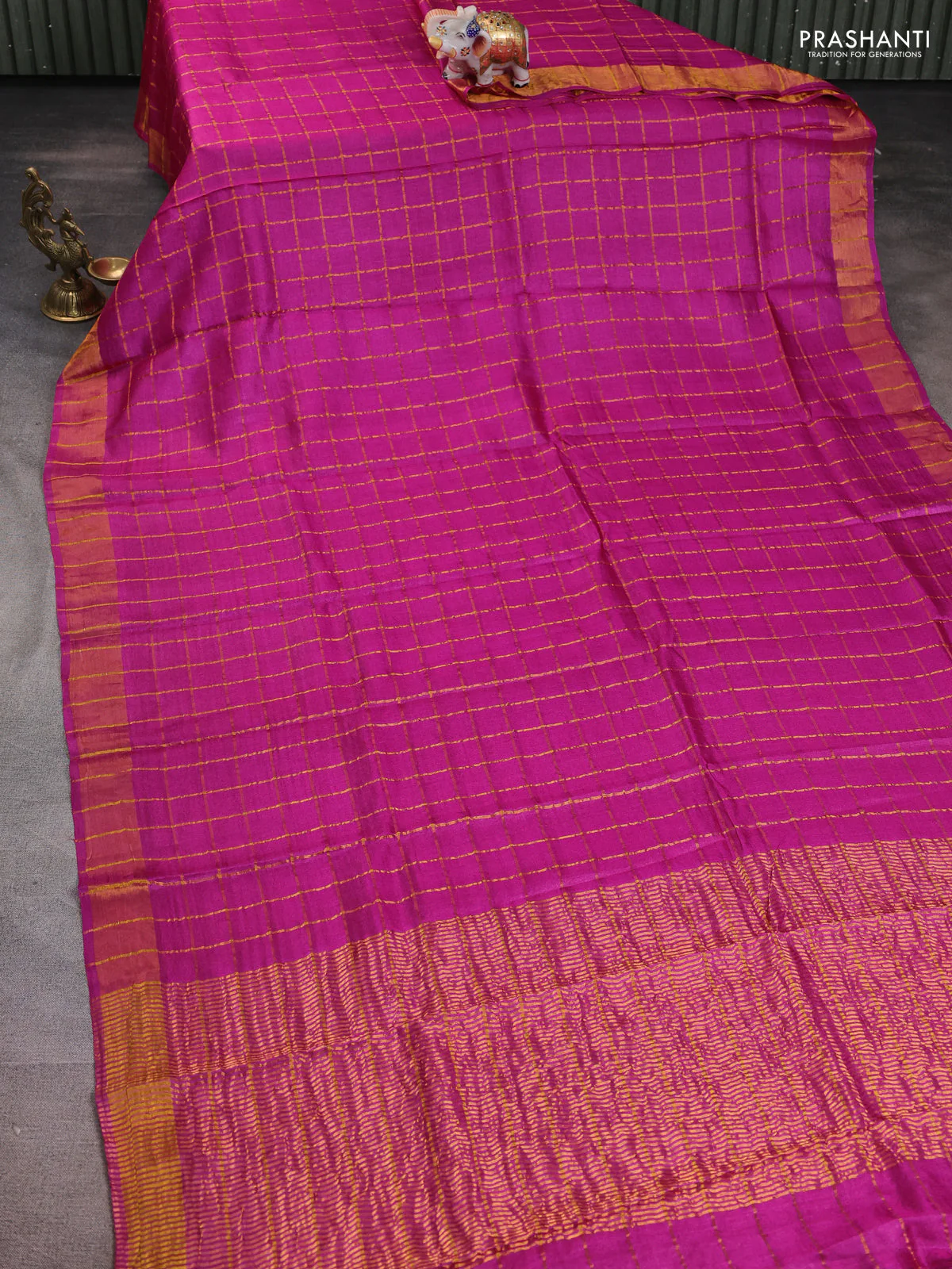 Pure tussar silk saree pink and teal blue with allover zari woven checked pattern and zari woven border - Image 2