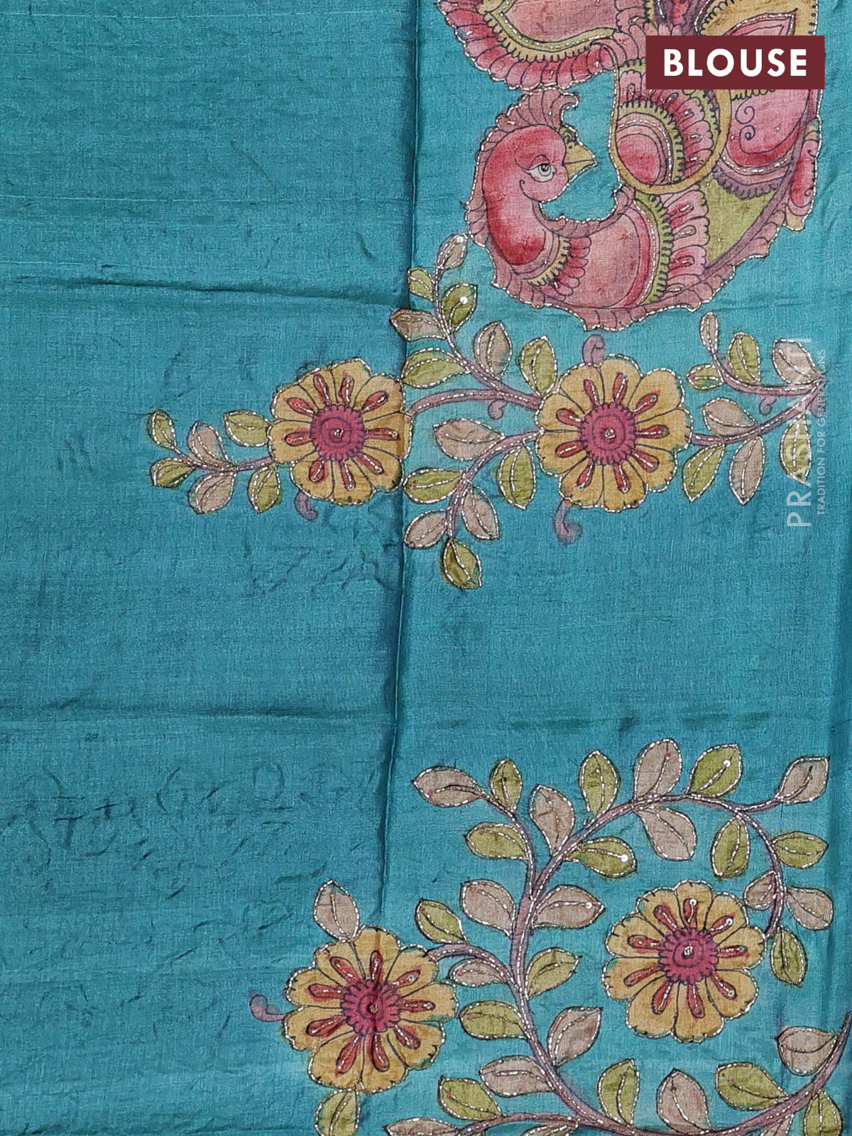 Pure tussar silk saree pink and teal green with allover zari woven checked pattern and zari woven border - Image 3