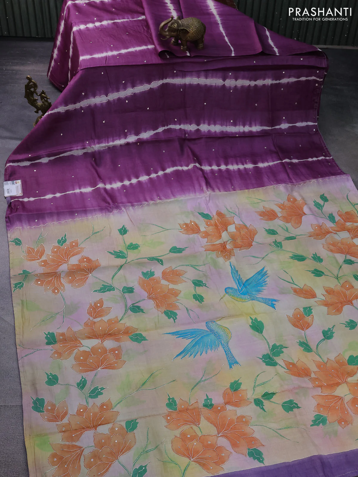 Pure tussar silk saree purple and beige with tie & dye prints & pita work and embroidery pallu - Image 2