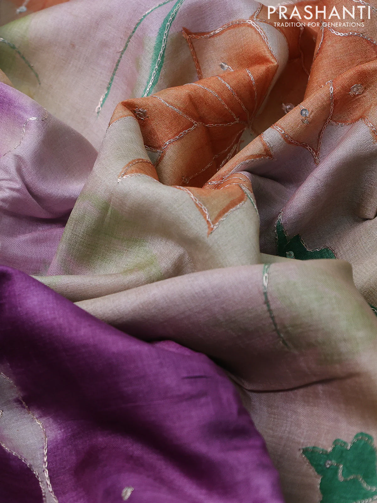 Pure tussar silk saree purple and beige with tie & dye prints & pita work and embroidery pallu - Image 3