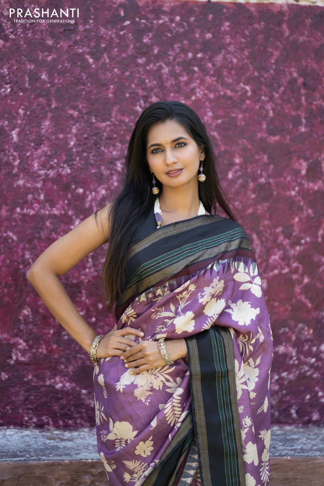Pure tussar silk saree purple and black with allover floral digital prints and temple deisgn zari woven vidarbha border - Image 2