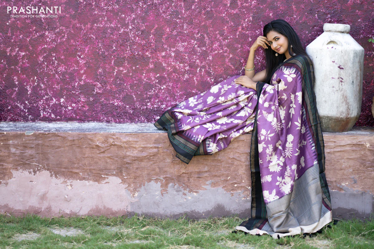 Pure tussar silk saree purple and black with allover floral digital prints and temple deisgn zari woven vidarbha border - Image 3