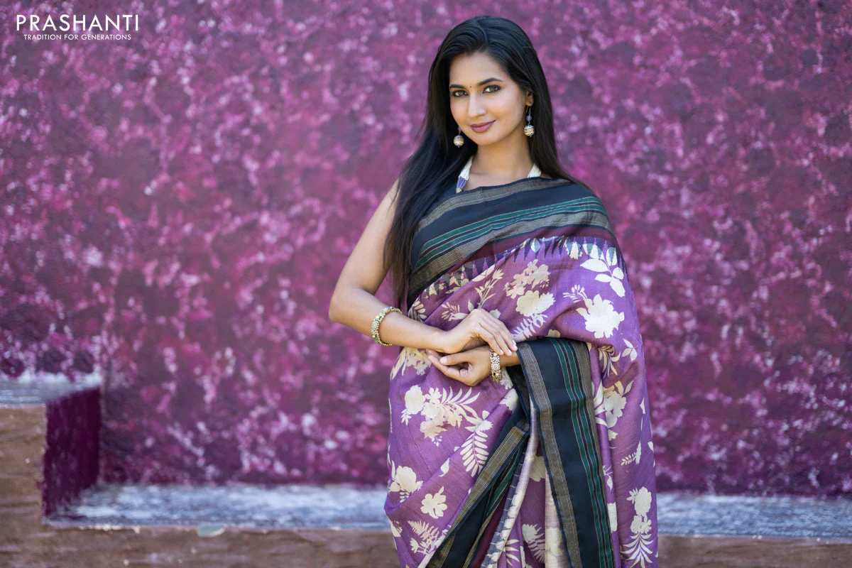Pure tussar silk saree purple and black with allover floral digital prints and temple deisgn zari woven vidarbha border - Image 4