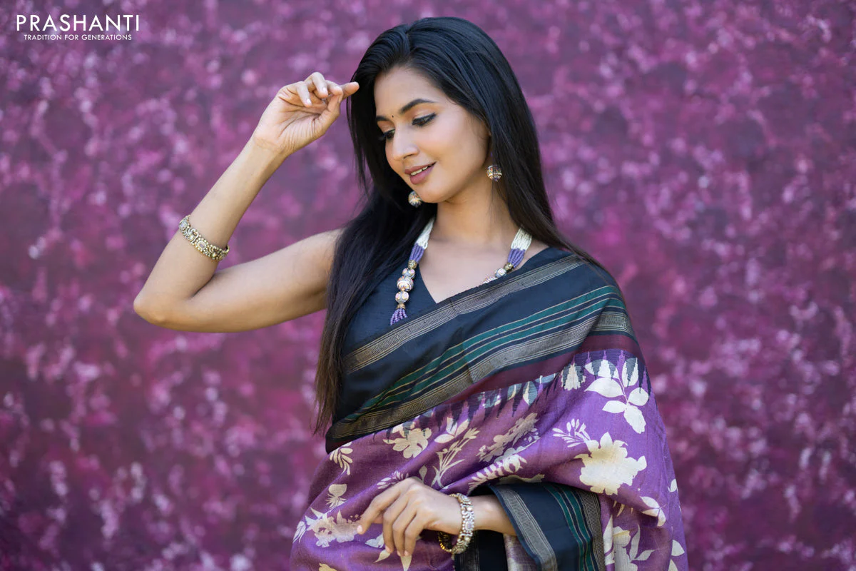 Pure tussar silk saree purple and black with allover floral digital prints and temple deisgn zari woven vidarbha border - Image 5