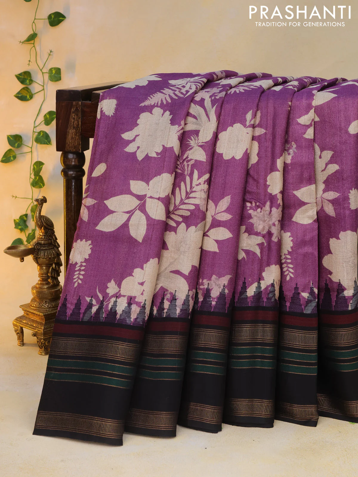 Pure tussar silk saree purple and black with allover floral digital prints and temple deisgn zari woven vidarbha border - Image 7