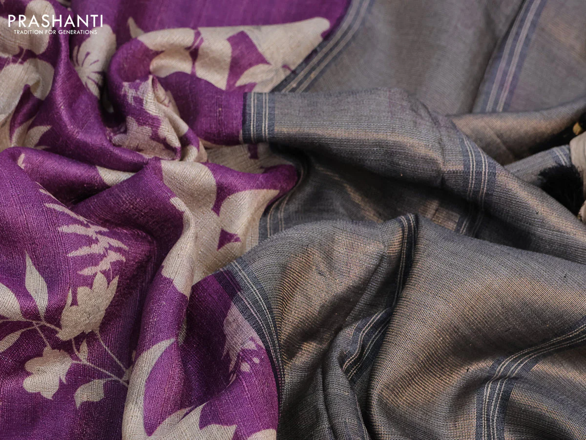 Pure tussar silk saree purple and black with allover floral digital prints and temple deisgn zari woven vidarbha border - Image 9