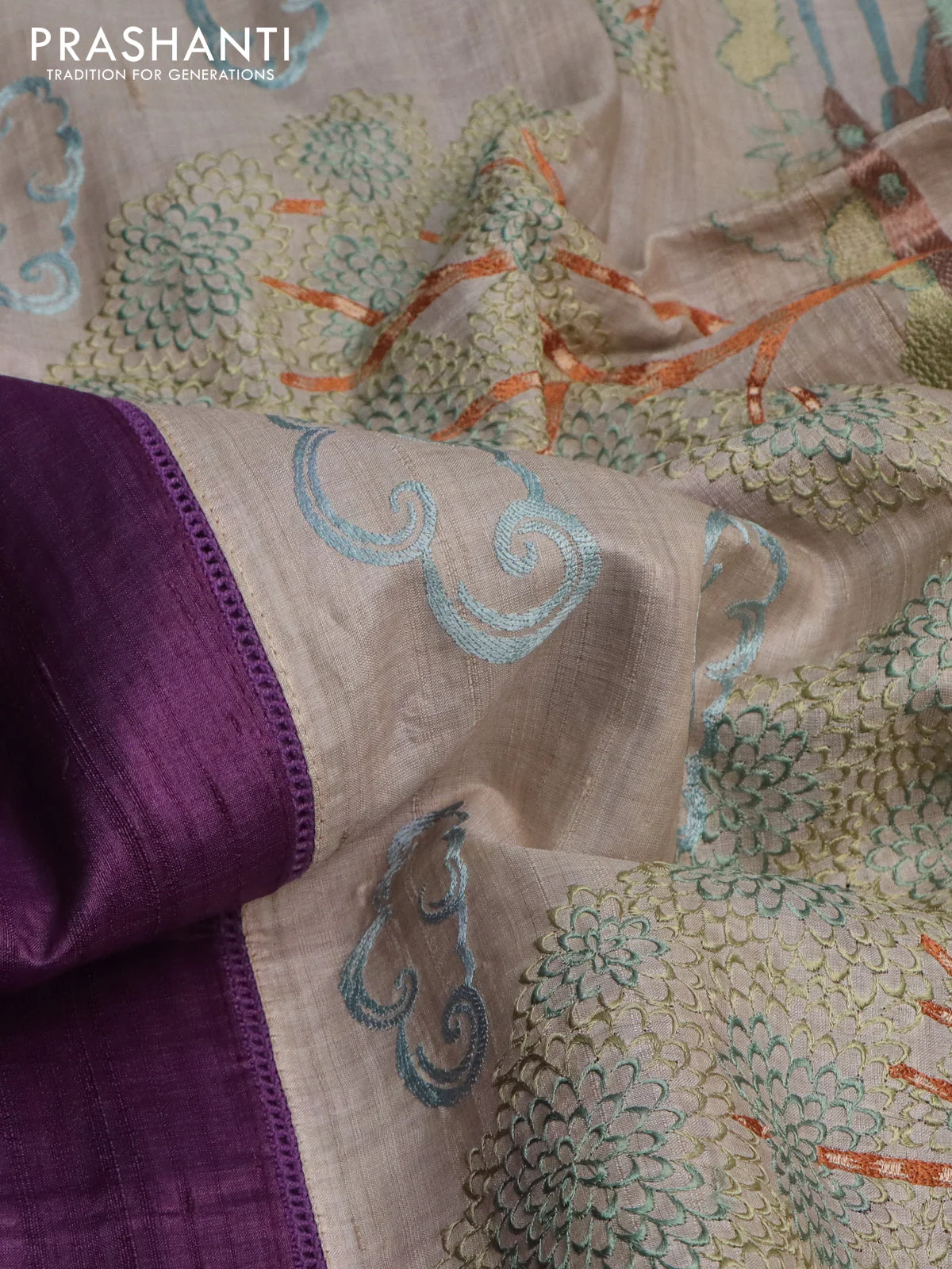 Pure tussar silk saree purple and cream with plain body and embroidery work pallu - Image 2
