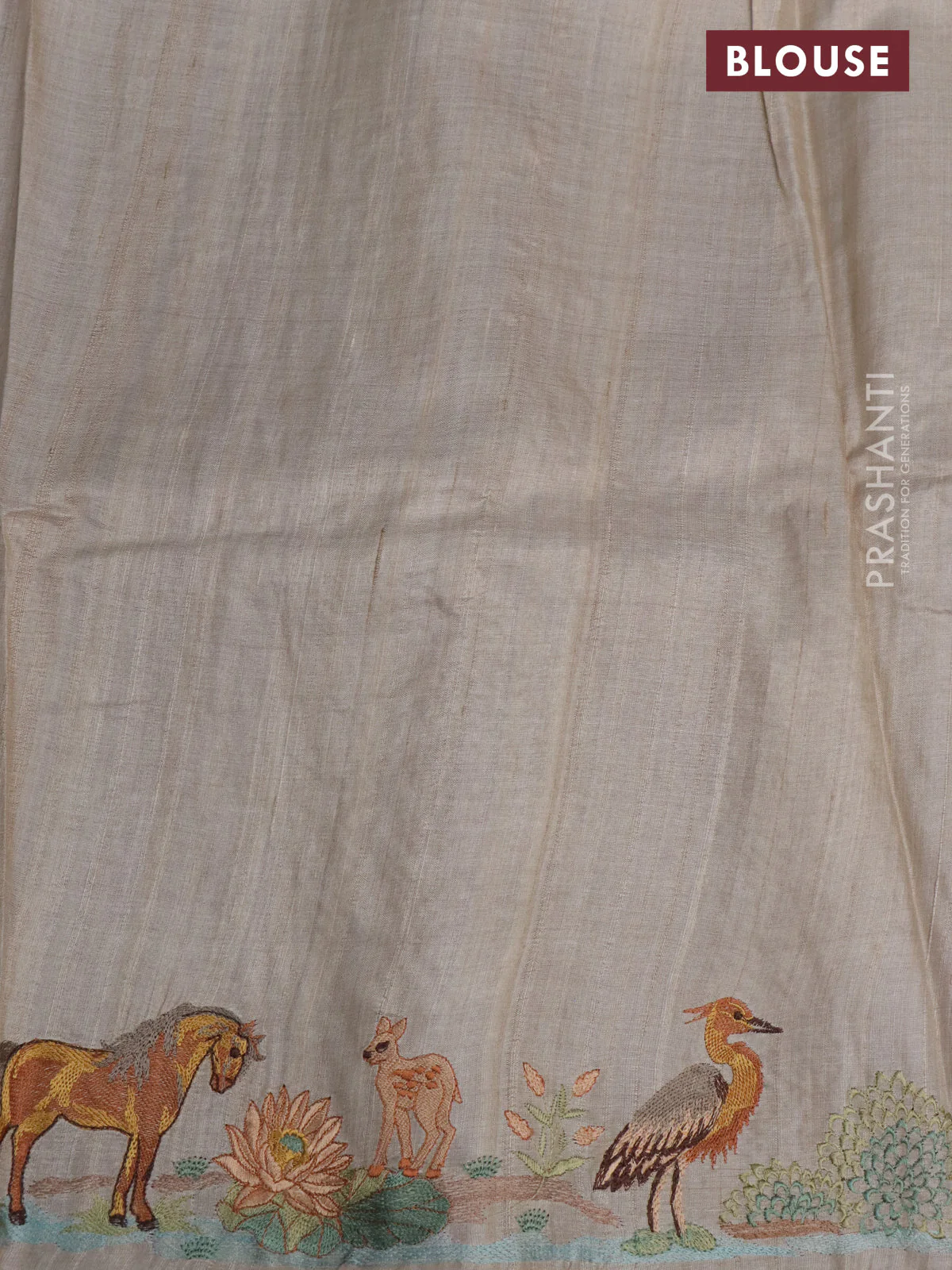 Pure tussar silk saree purple and cream with plain body and embroidery work pallu - Image 3
