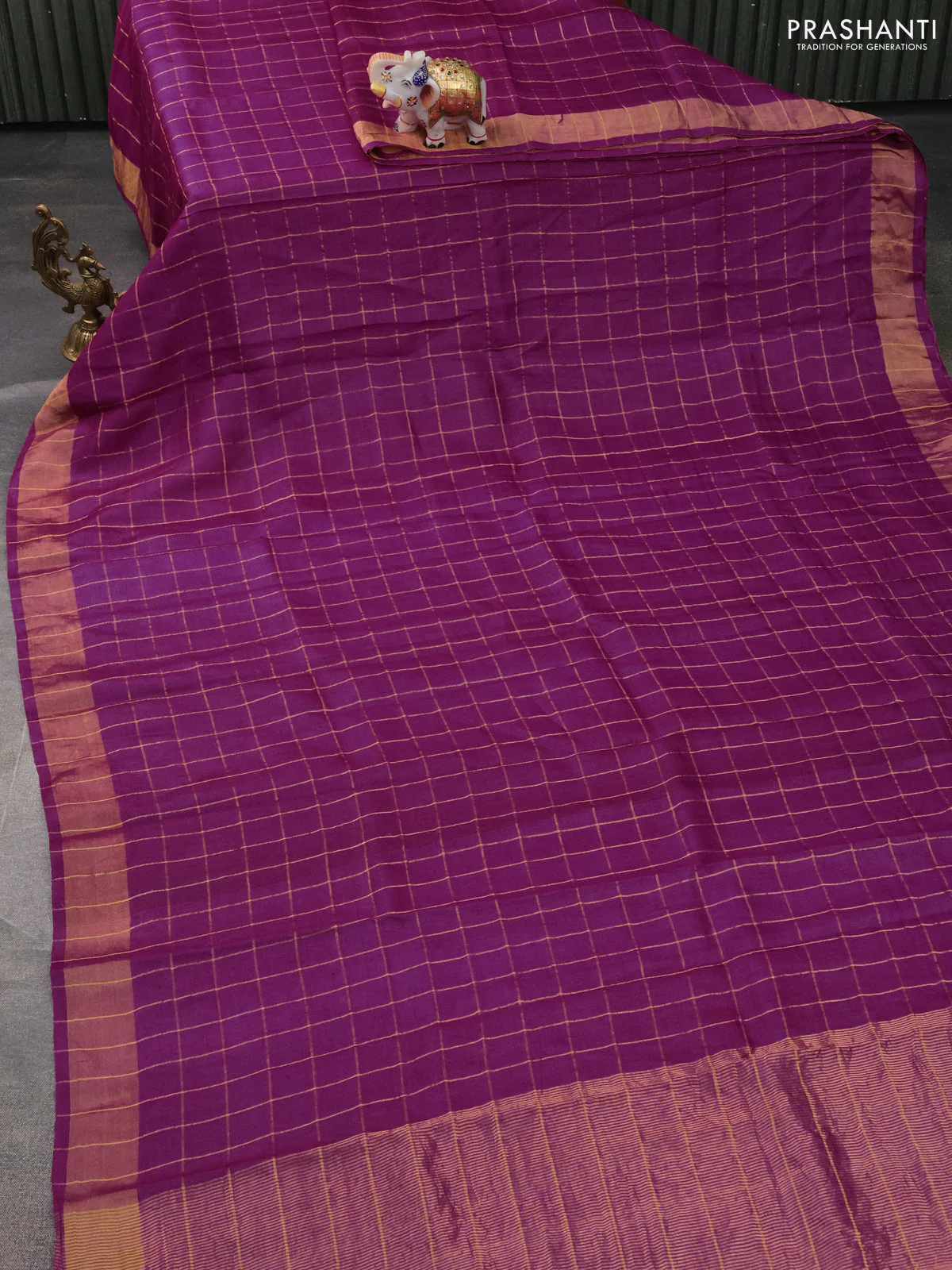 Pure Tussar Silk Saree purple and elaichi green with allover zari checked pattern and zari woven border - Image 2