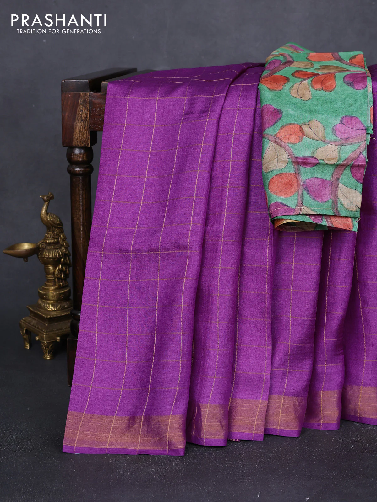 Pure tussar silk saree purple and green with allover zari checked pattern and zari woven border