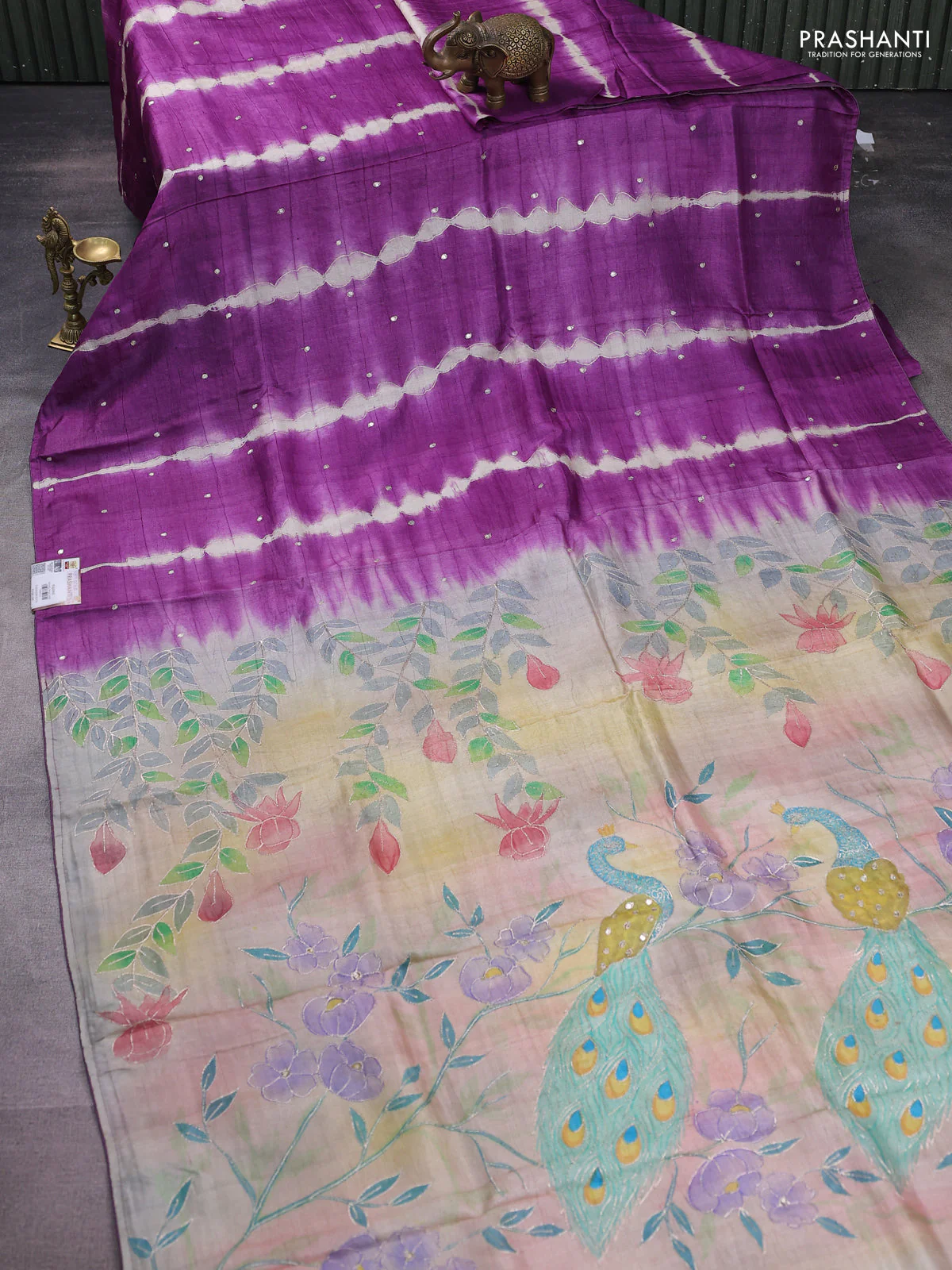 Pure tussar silk saree purple and green with tie & dye prints and pita work pallu - Image 2
