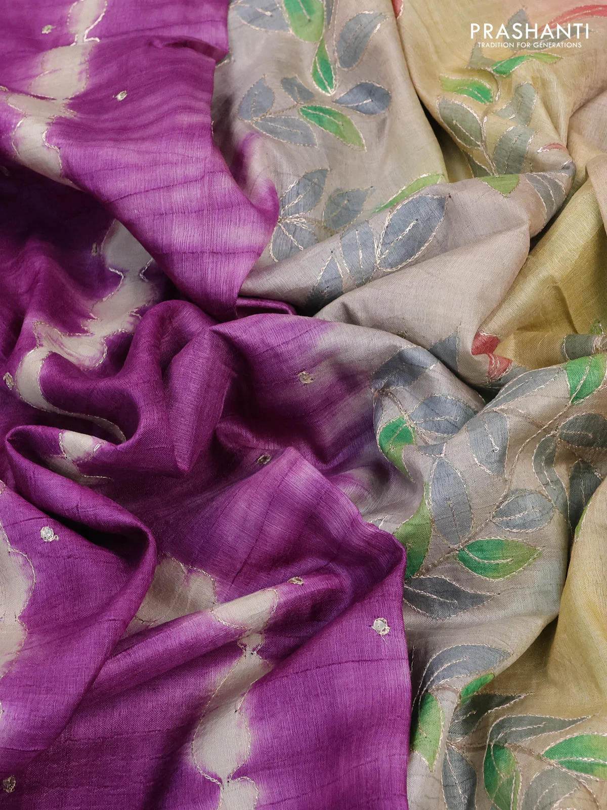 Pure tussar silk saree purple and green with tie & dye prints and pita work pallu - Image 3