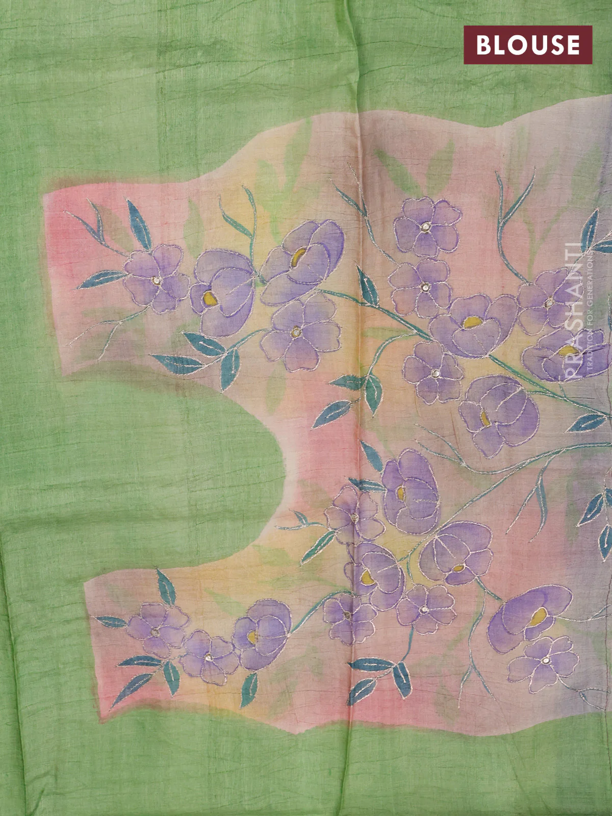 Pure tussar silk saree purple and green with tie & dye prints and pita work pallu - Image 4