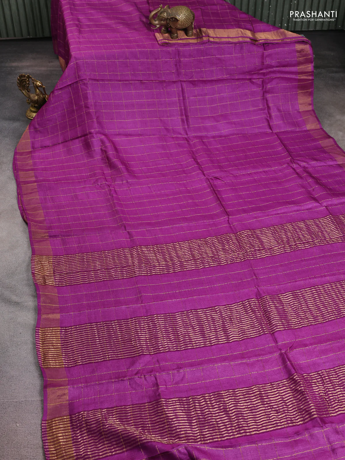 Pure tussar silk saree purple and grey with allover zari checked pattern and zari woven border - Image 2