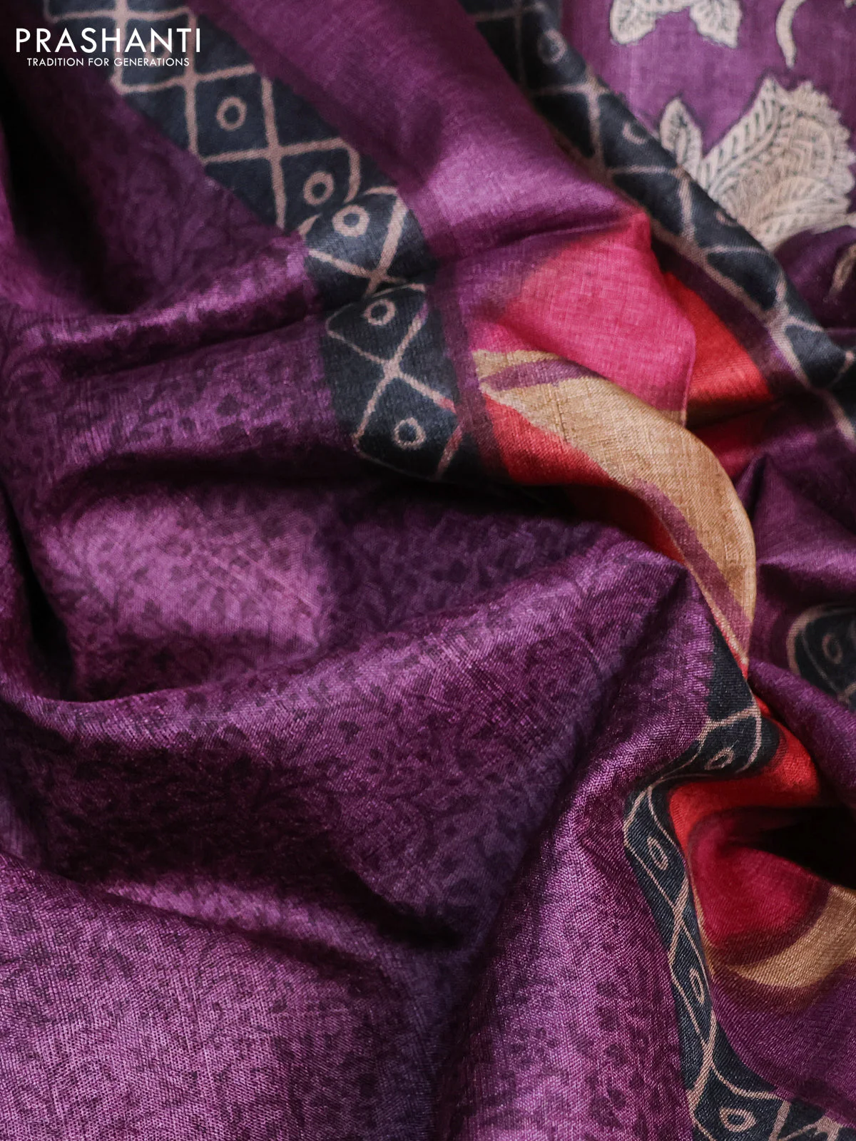 Pure tussar silk saree purple and multi colour with allover prints and printed border - Image 2