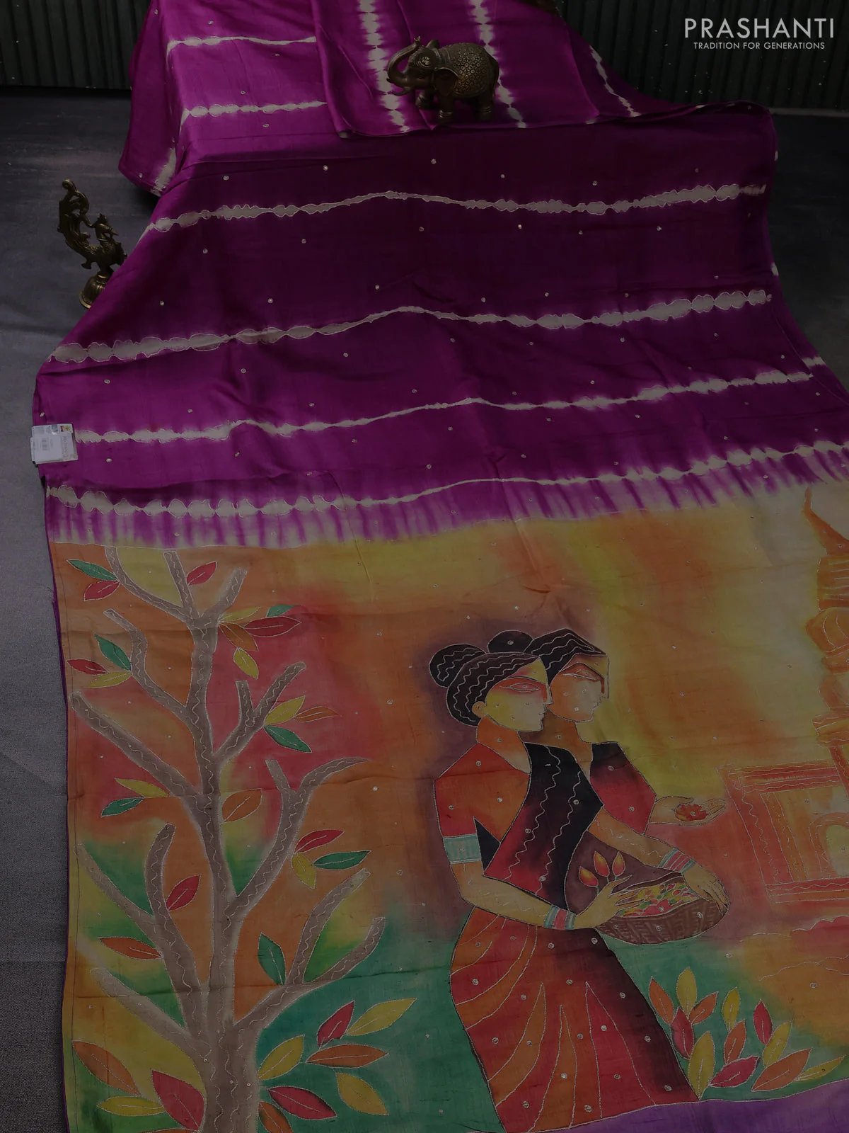 Pure tussar silk saree purple and multi colour with tie & dye prints & pita work and embroidery pallu - Image 2