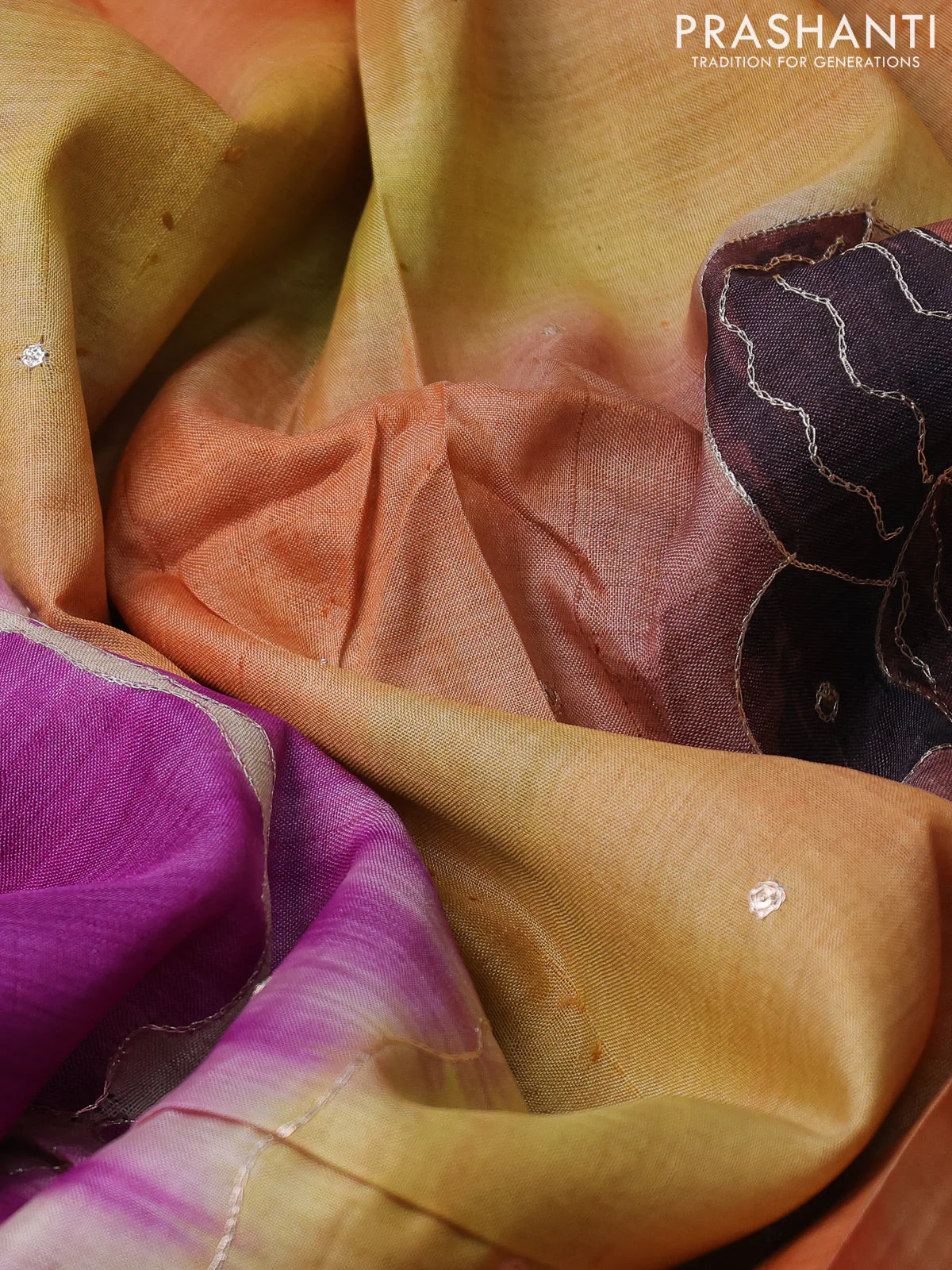 Pure tussar silk saree purple and multi colour with tie & dye prints & pita work and embroidery pallu - Image 3