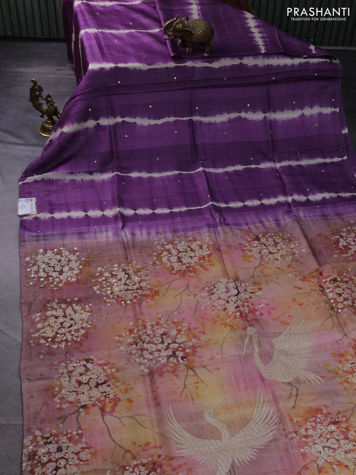 Pure tussar silk saree purple and multi colour with tie & dye prints & pita work and embroidery pallu - Image 2