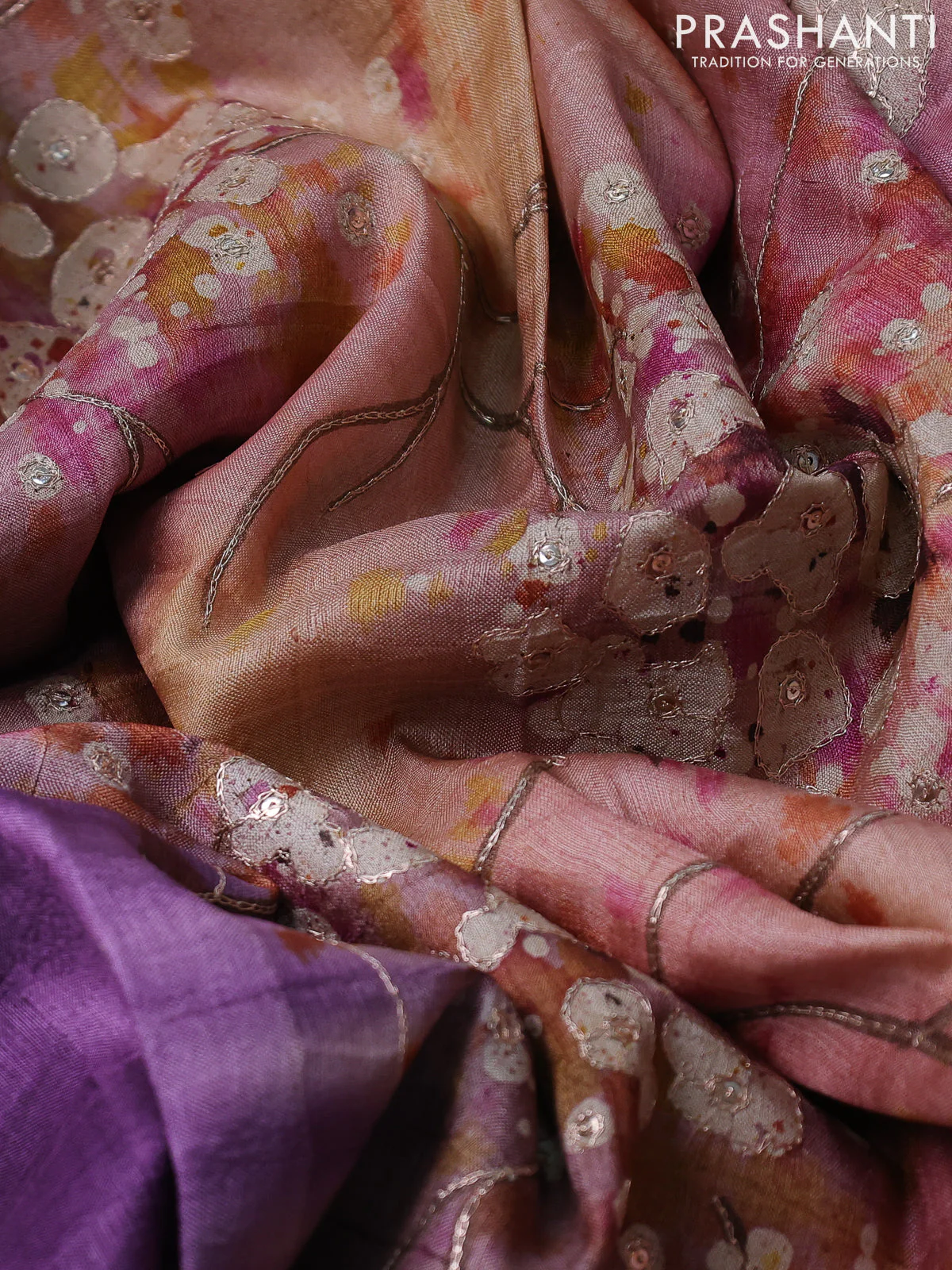 Pure tussar silk saree purple and multi colour with tie & dye prints & pita work and embroidery pallu - Image 3