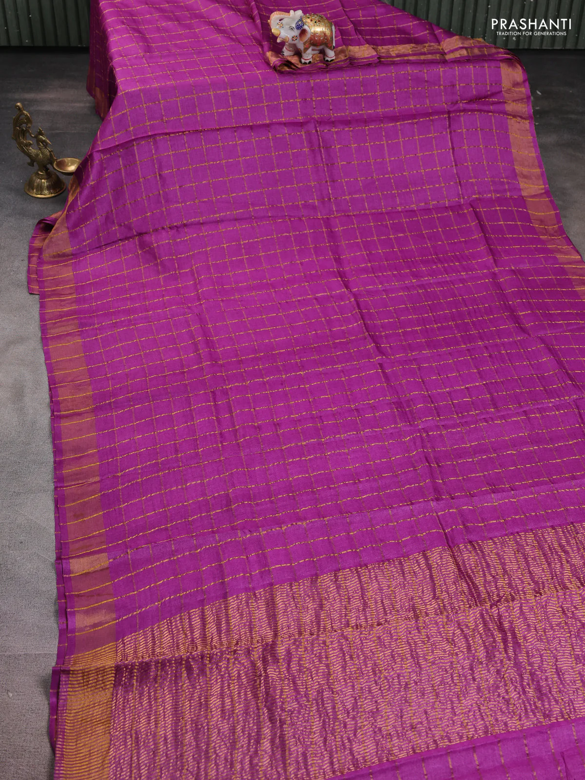 Pure tussar silk saree purple and mustard yellow with allover zari woven checked pattern and zari woven border - Image 2