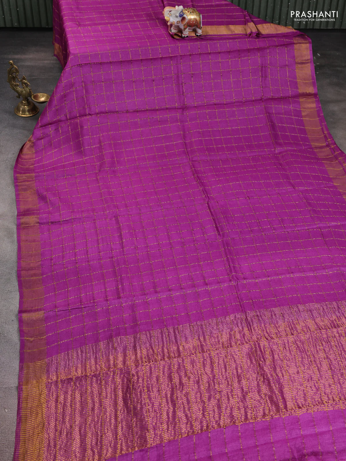 Pure tussar silk saree purple and mustard yellow with allover zari woven checked pattern and zari woven border - Image 2
