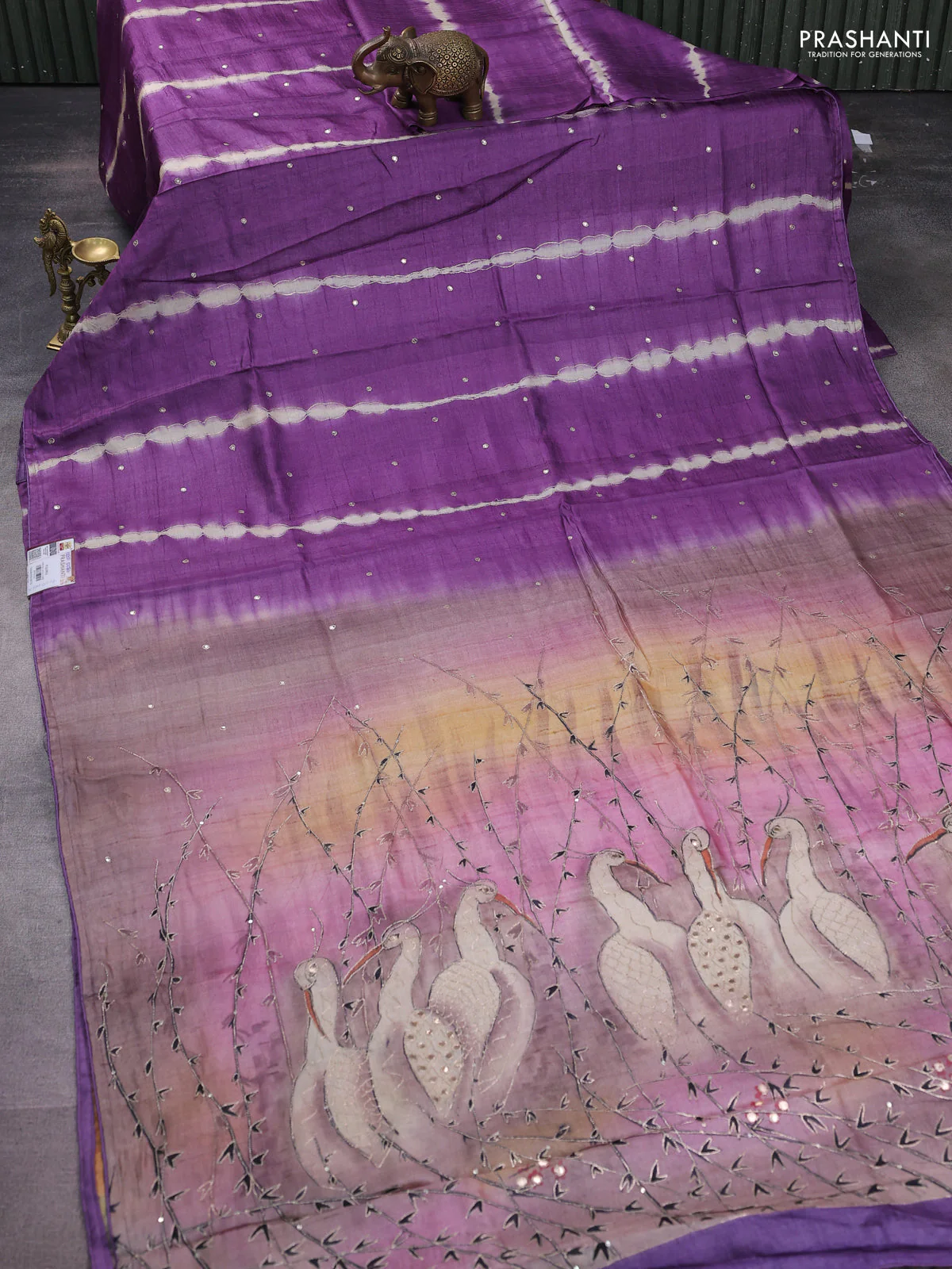 Pure tussar silk saree purple and pastel brown with tie & dye prints and pita work pallu - Image 2