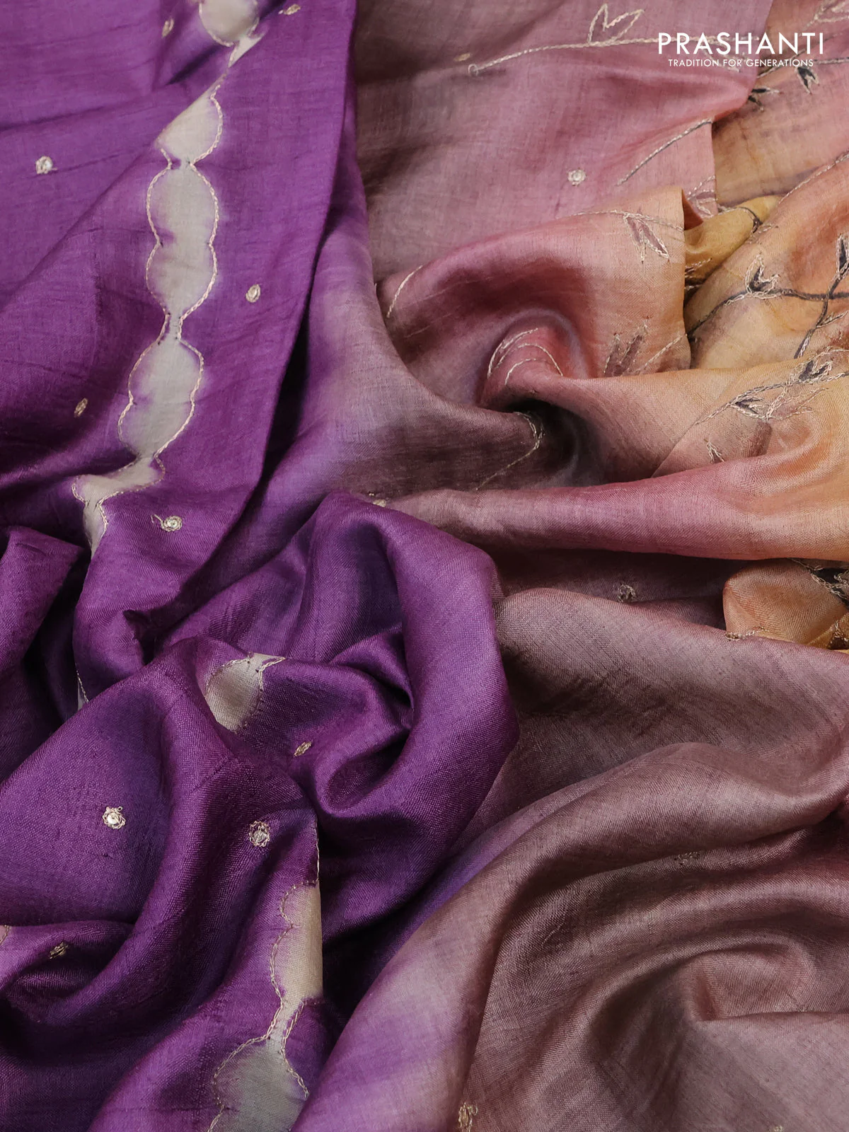 Pure tussar silk saree purple and pastel brown with tie & dye prints and pita work pallu - Image 3