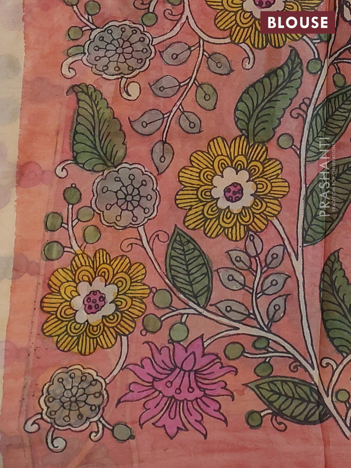 Pure tussar silk saree purple and pastel peach shade with allover shibori prints and penkalamkari hand painted prints pallu & blouse - Image 3