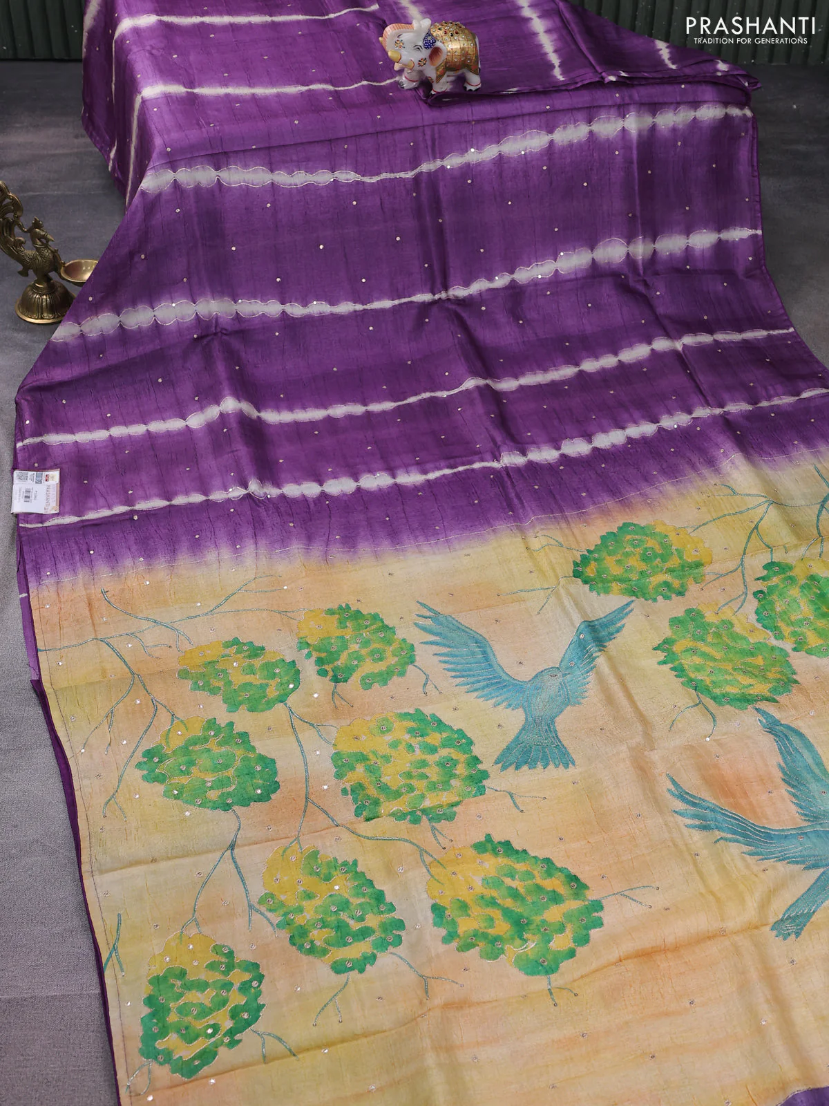 Pure tussar silk saree purple and pista green with tie & dye prints and pita work pallu - Image 2