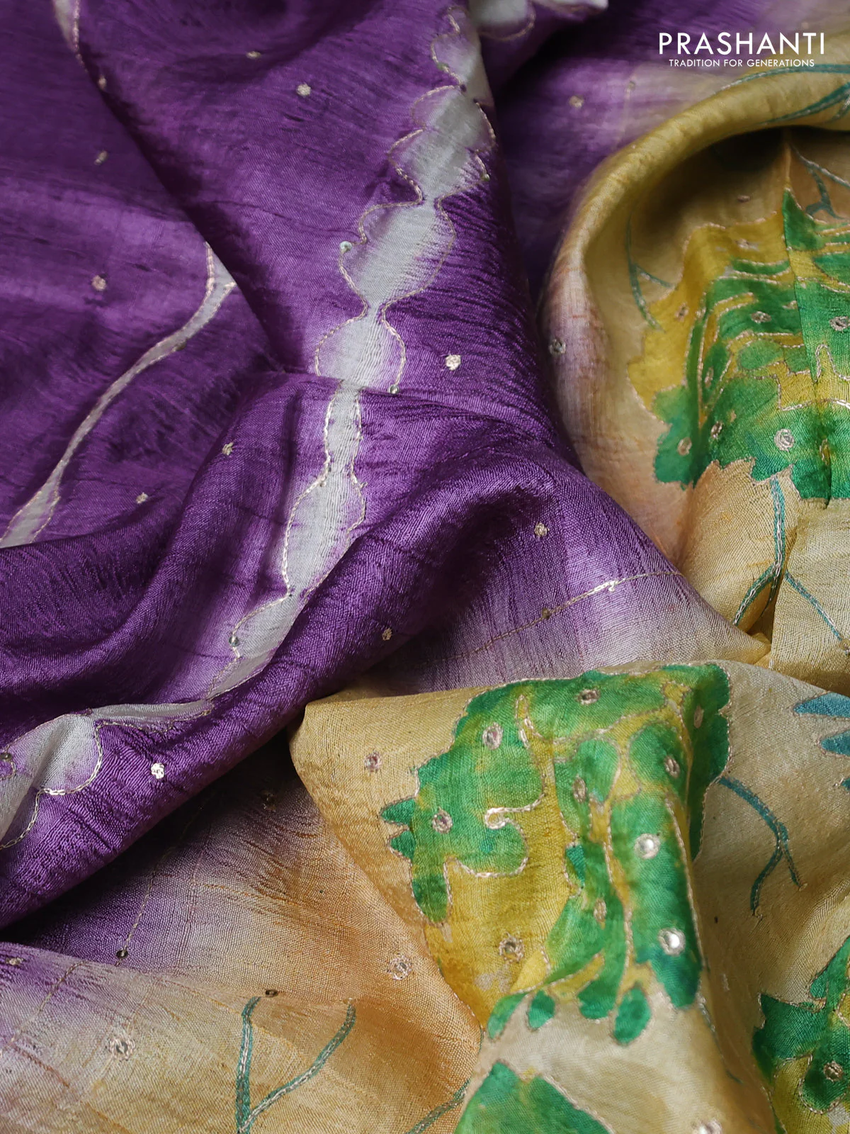 Pure tussar silk saree purple and pista green with tie & dye prints and pita work pallu - Image 3