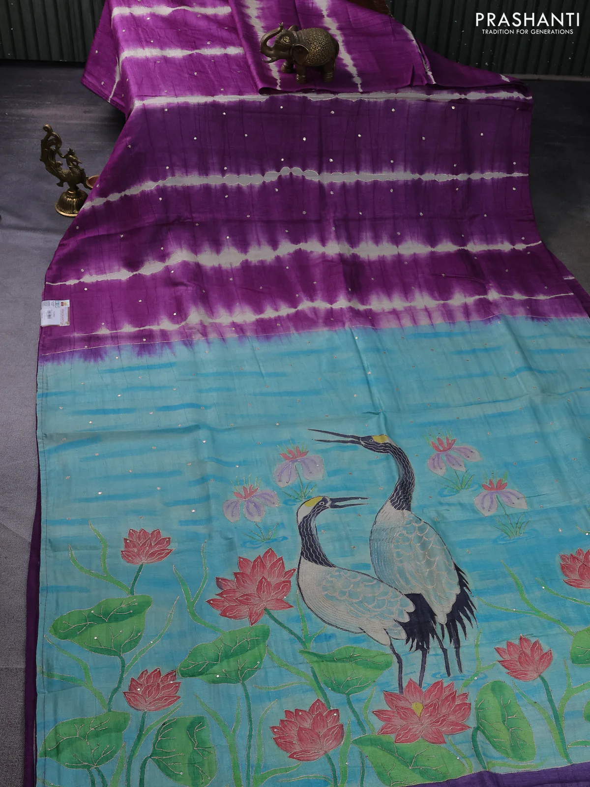Pure tussar silk saree purple and teal blue with tie & dye prints & pita work and embroidery pallu - Image 2