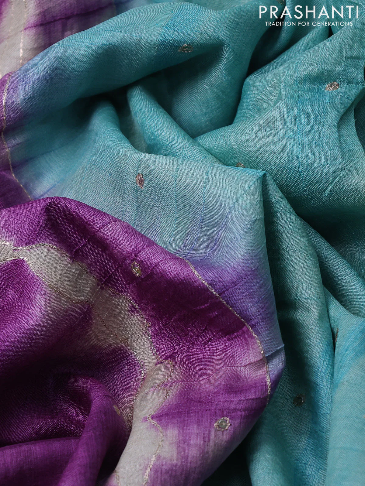 Pure tussar silk saree purple and teal blue with tie & dye prints & pita work and embroidery pallu - Image 3