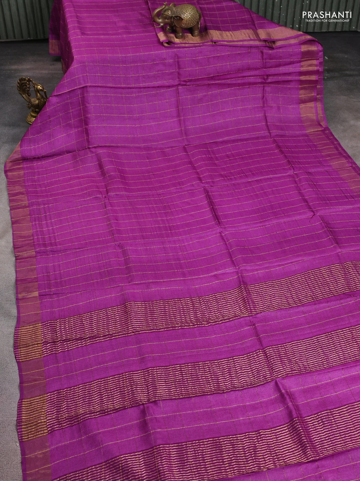 Pure tussar silk saree purple and teal green with allover zari checked pattern and zari woven border - Image 2