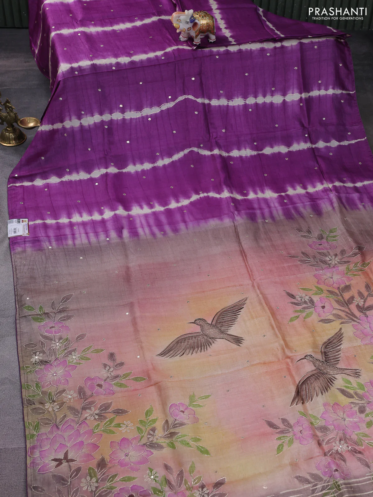Pure tussar silk saree purple shade and orange with tie & dye prints and pita work pallu - Image 2