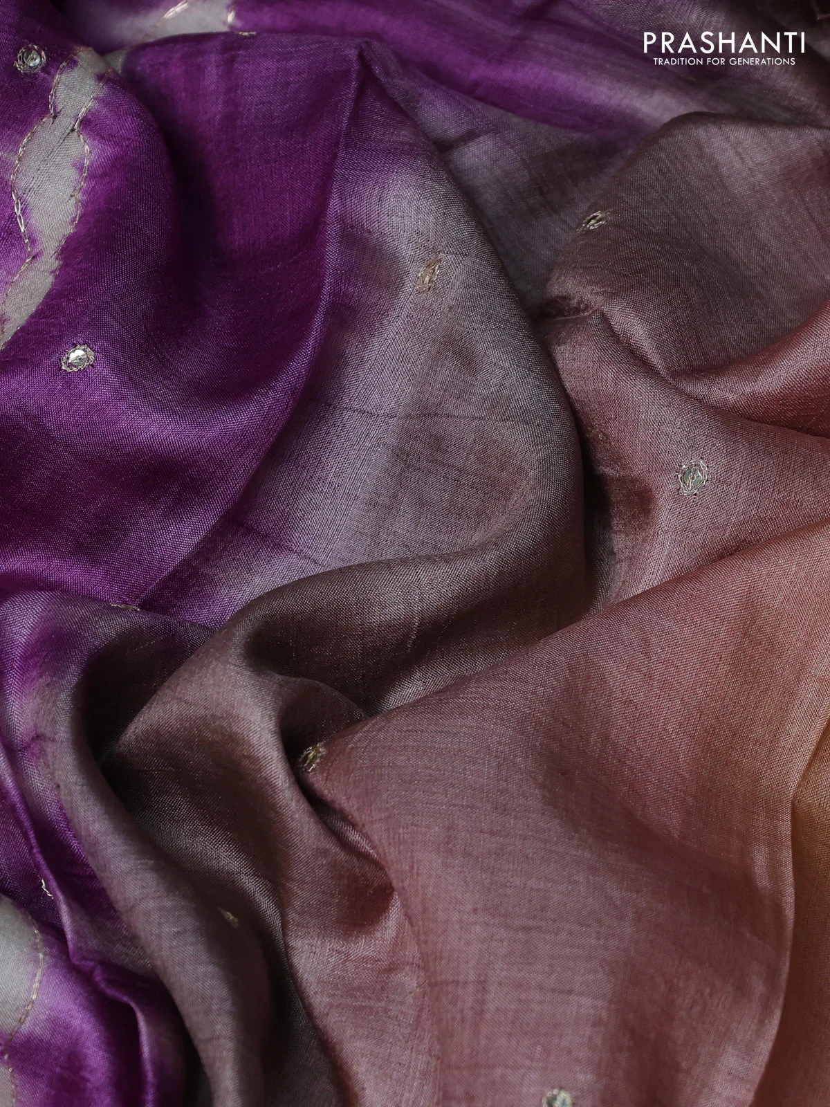 Pure tussar silk saree purple shade and orange with tie & dye prints and pita work pallu - Image 3