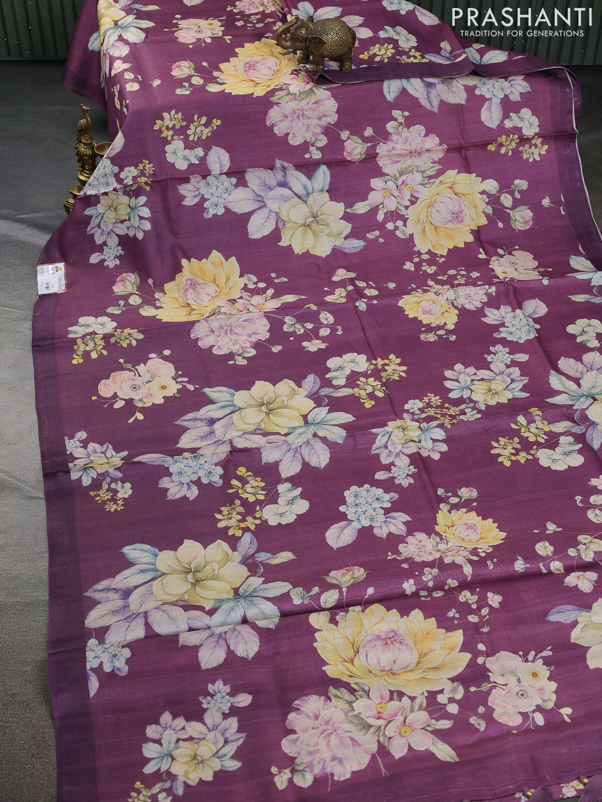 Pure tussar silk saree purple shade with allover floral digital prints in borderless style - Image 2