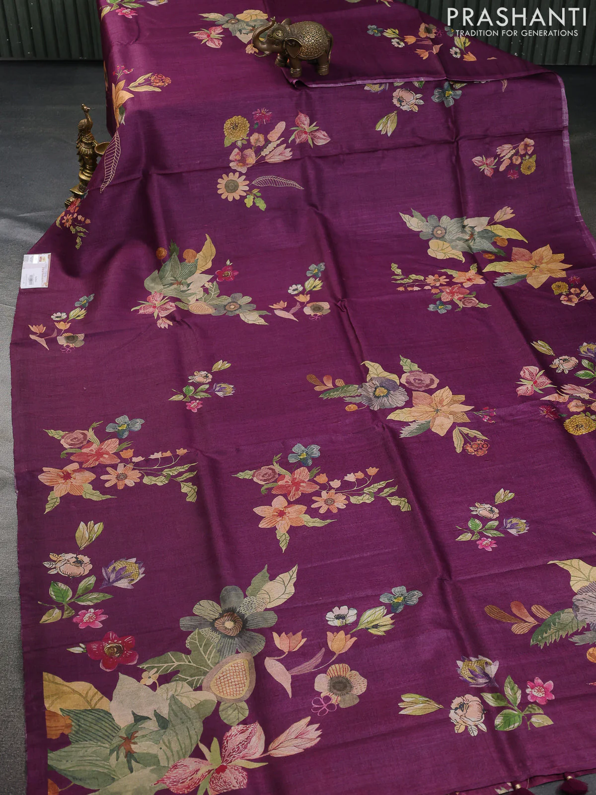 Pure tussar silk saree purple with allover floral digital prints in borderless style - Image 2