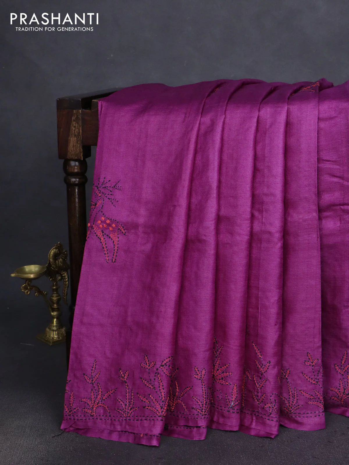 Pure tussar silk saree purple with kantha work buttas and kantha stitch work pallu