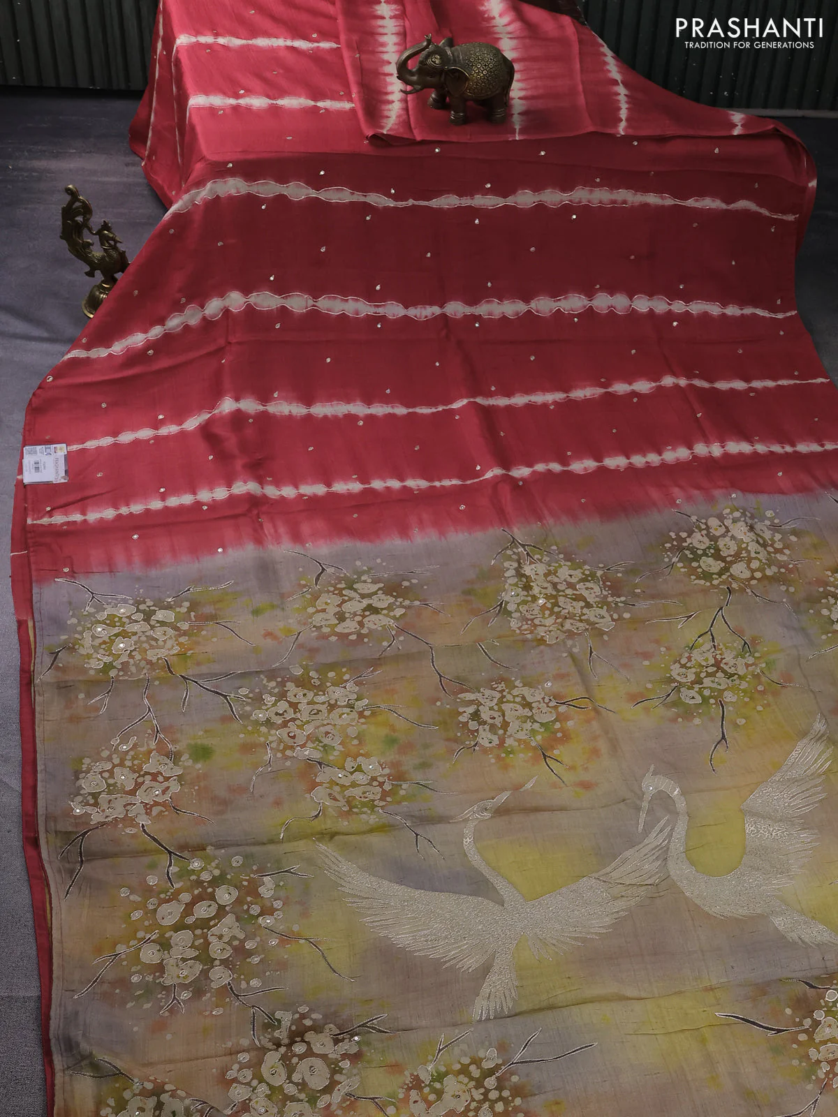 Pure tussar silk saree red and brown with tie & dye prints & pita work and embroidery pallu - Image 2