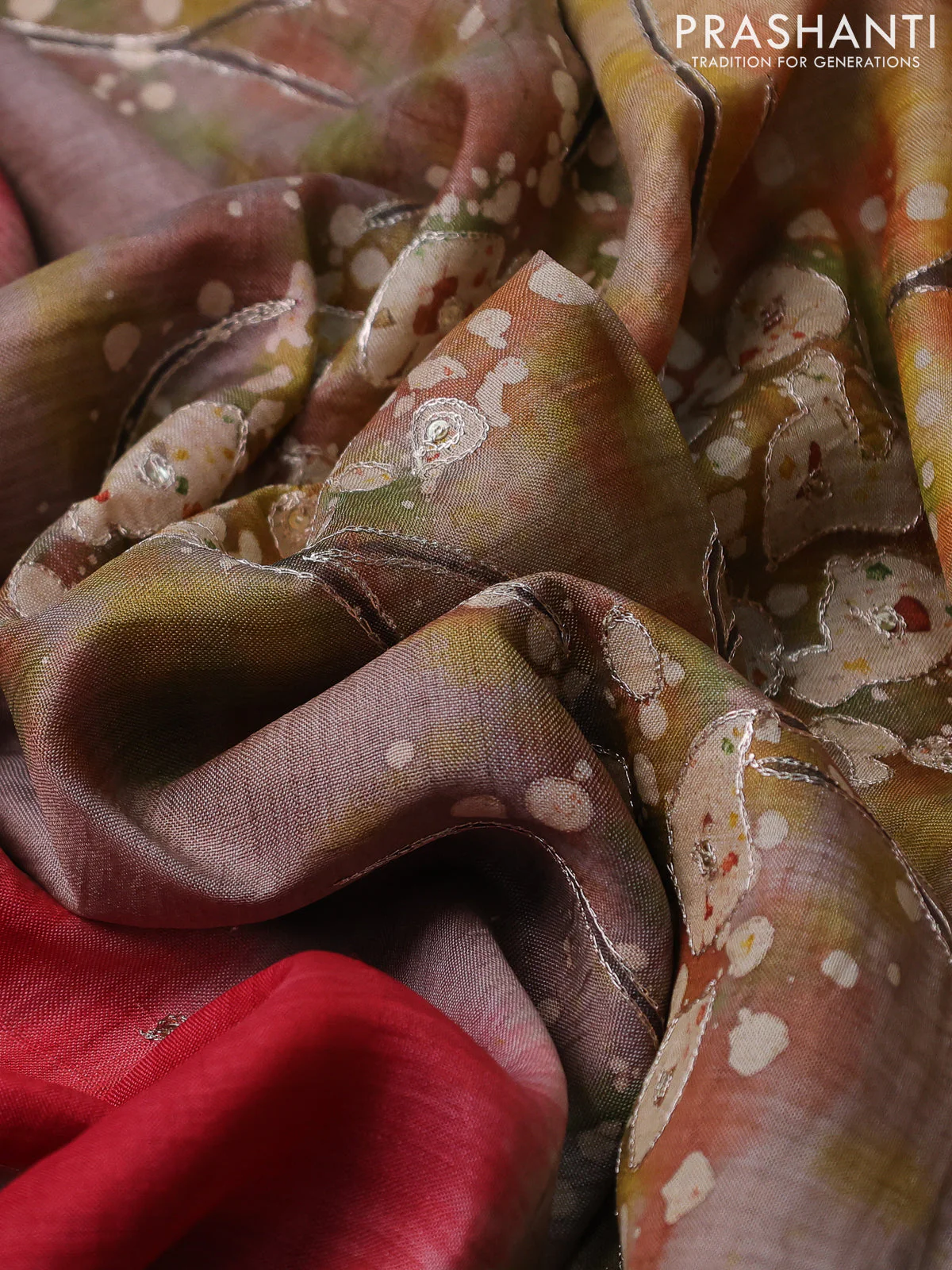 Pure tussar silk saree red and brown with tie & dye prints & pita work and embroidery pallu - Image 3