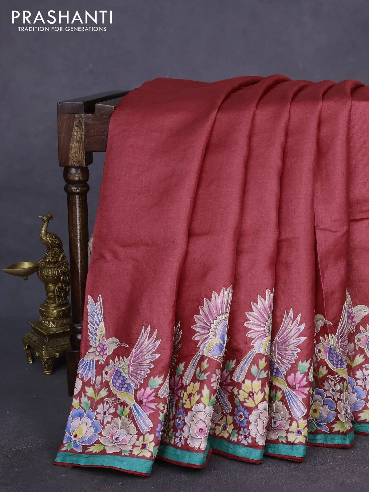 Pure tussar silk saree red and green with plain body and bird design embroidery work border - Image 2