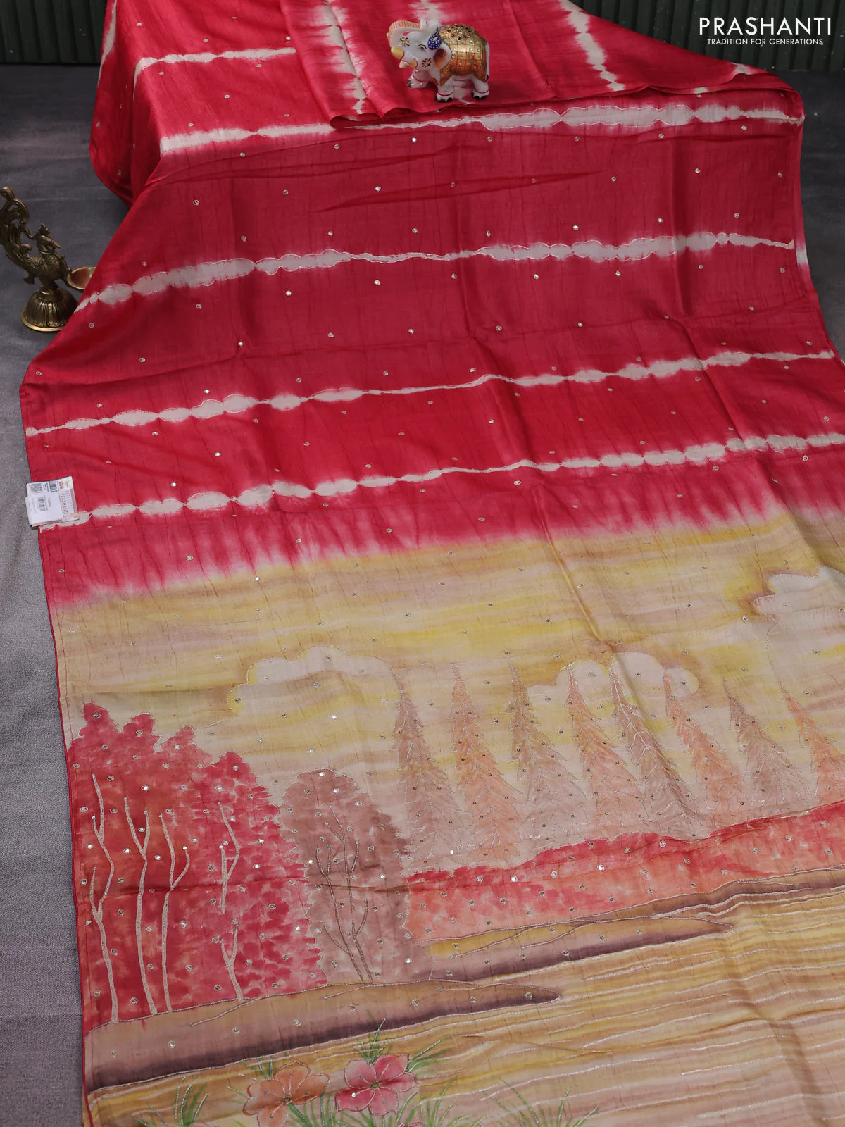 Pure tussar silk saree red and orange with tie & dye prints and pita work pallu - Image 2